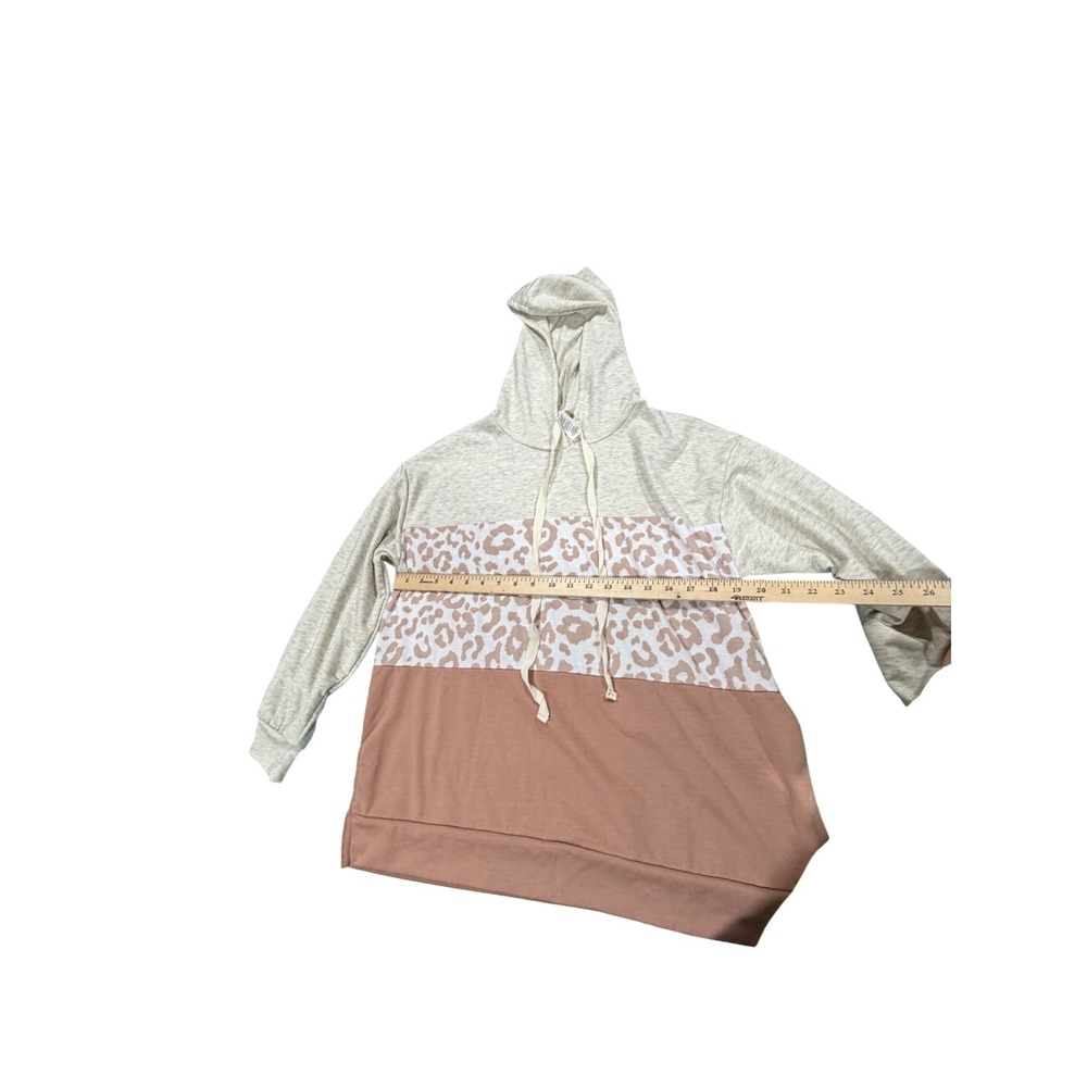 Bibi Colorblock Leopard Print Hoodie‎ Gray Pink Beige Long Sleeve Drawstring - Picture 3 of 6